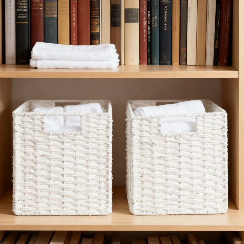 Foldable Wicker Storage Baskets, Handwoven Paper Rope Organizing Cubes For Home Decor, 2-Pack Square Storage Bins