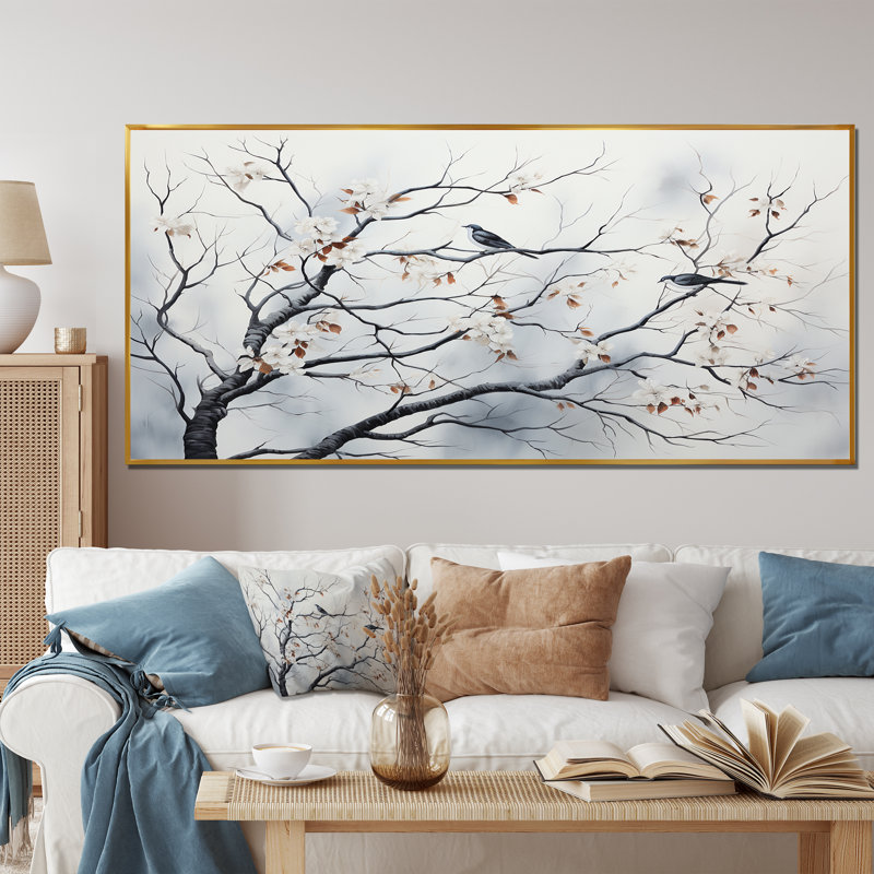 Gris floral Sprintime, oiseaux, art mural, Cadre flottant doré, H 28 po x l 60 po x P 1,5 po