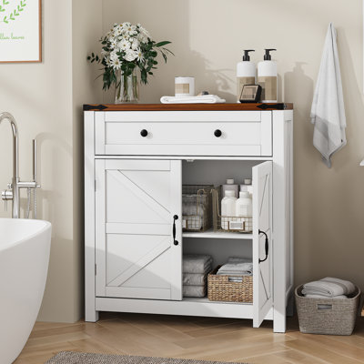 Farmhouse Storage Cabinet with Drawer and Adjustable Shelf, White Kitchen Cabinet with Walnut Countertop, Modern Coffee Bar Console Cabinet for Kitch