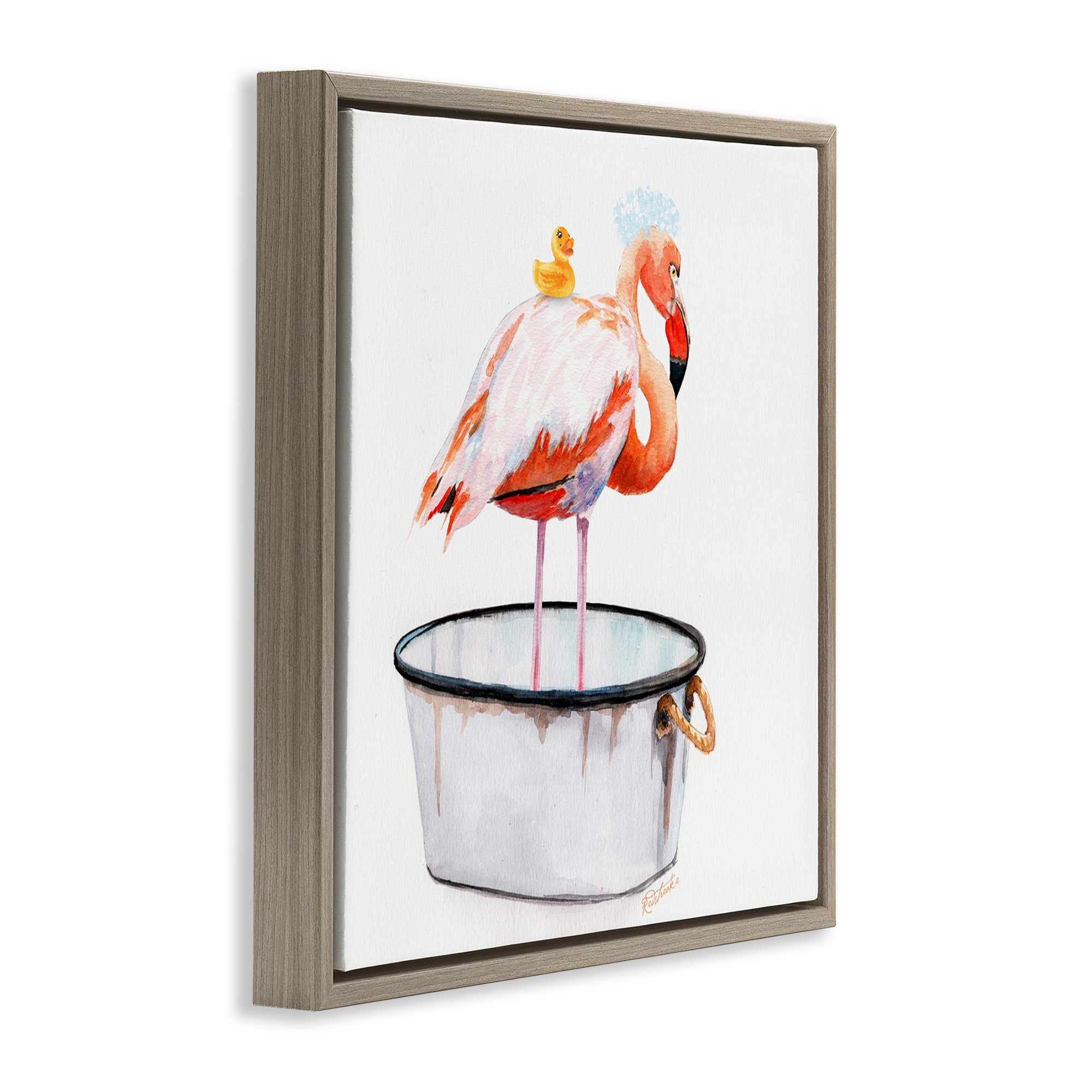 Trinx Flamingo Bubble Bath Time Framed Floater Canvas Wall Art by ...