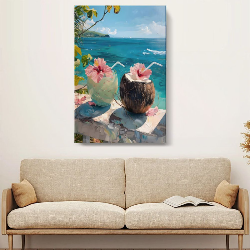 Plage tropicale, boisson à la fleur de noix de coco, impression sur toile impressionniste, 24 po x l 36 po, prêt à être accroché