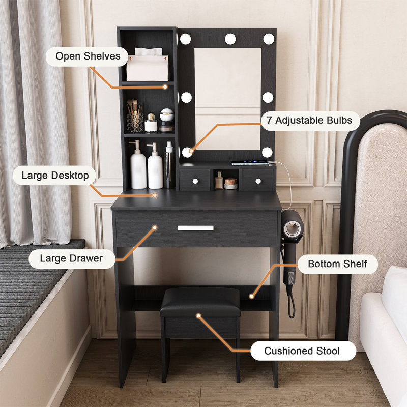 Coiffeuse avec lampe à DEL et éclairage réglable pour tabouret, station de charge et support de ventilateur, coiffeuse avec espace de rangement