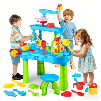3-Tier Rain Showers Kids Sand Water Table with Chair Indoor Outdoor Plastic Toddler Water Activity Table, Detachable for 3-6 Years Old