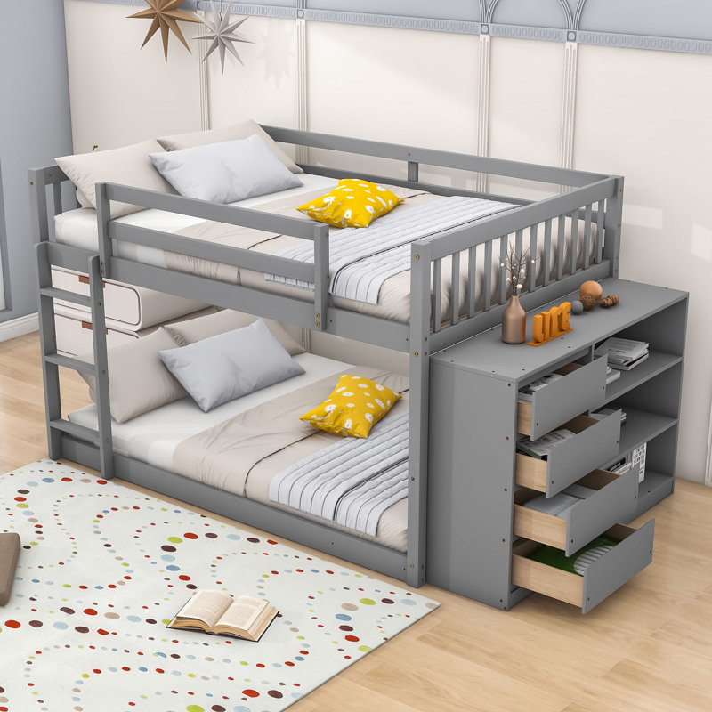 Lit superposé en bois avec tiroirs et tablettes de rangement, Gris, Lit superposé double sur double