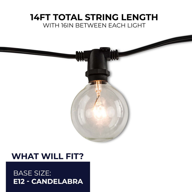 14-foot String Light Kit with Clear Incandescent Globe G16 Light Bulbs, 2-pk