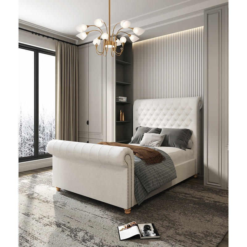 Lit-bateau tapissier capitonné Empire, Crème, Double
