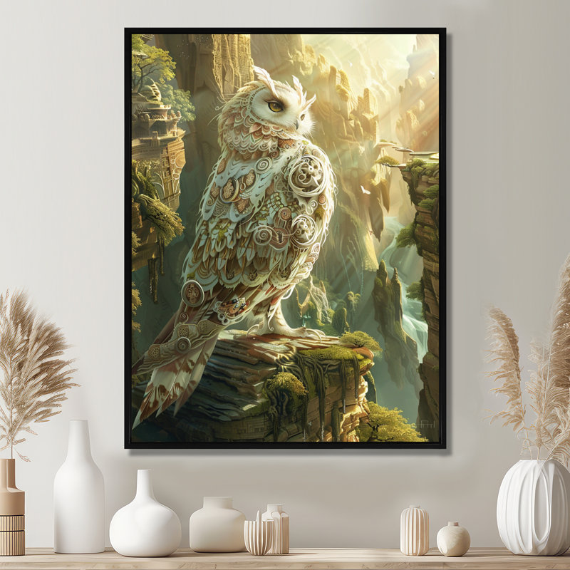 Hibou blanc majestueux dans les montagnes, Toile flottante noire encadrée, H 40 po x l 30 po