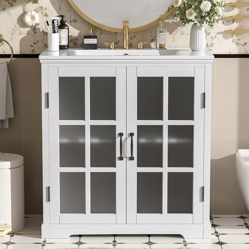 Meuble-lavabo de salle de bain avec lavabo en céramique, Blanc