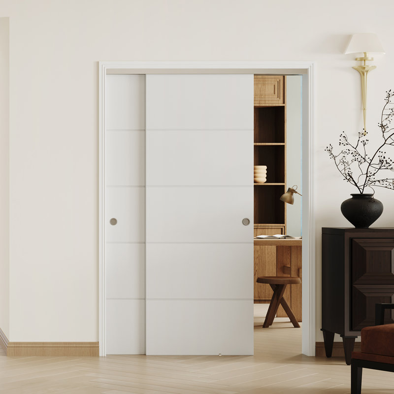 Double porte intérieure à 5 panneaux sculptés avec quincaillerie coulissante pour dérivation - portes à panneau de particules en bois massif à finition UV blanche, système coulissant silencieux en aluminium