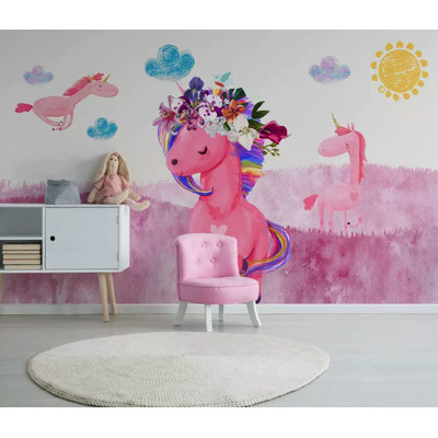 Cartoon Unicorn Pink Little Horse Kids Removable Wallpaper