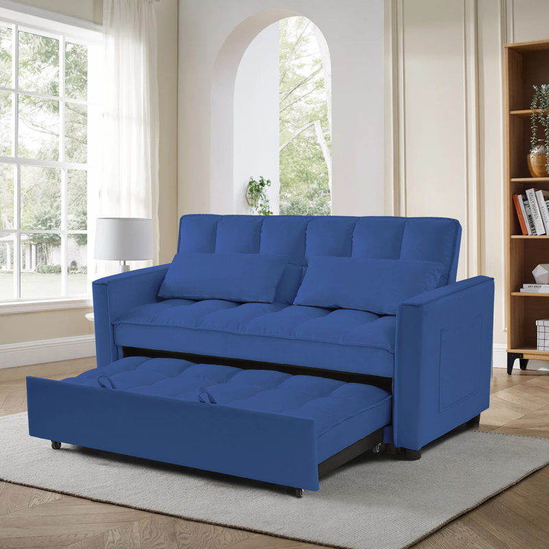 Collinward 53" W Murphy Sofa Bed Loveseat with Adjustable Tufted Back and USB Outlet, Blue Velvet 2, 31" H x 54" W x 38" D