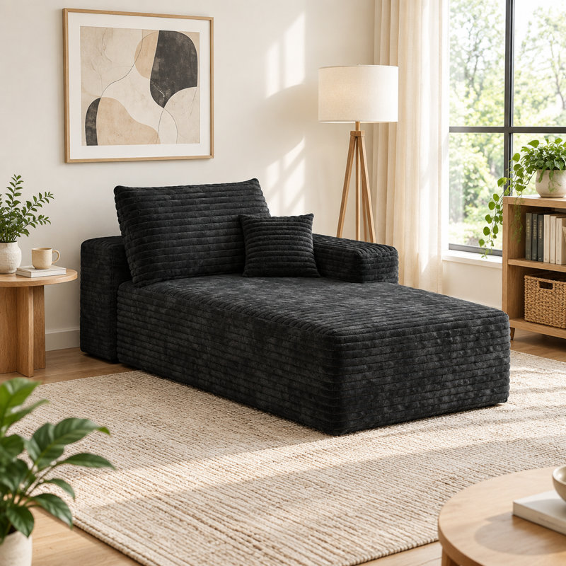 Canapé d'angle convertible en velours côtelé noir, orientation droite – Modulaire, sans assemblage