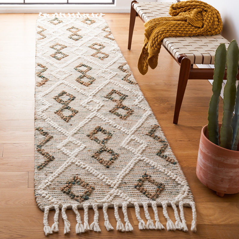 Honeyville Hand Loomed Wool/Jute/Cotton Geometric Rug in Ivory/Emerald, Runner 2'3" x 9'