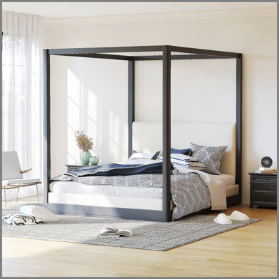Wood Queen Size Canopy Platform Bed with Upholstered Headboard, Black Frame+White Fabric