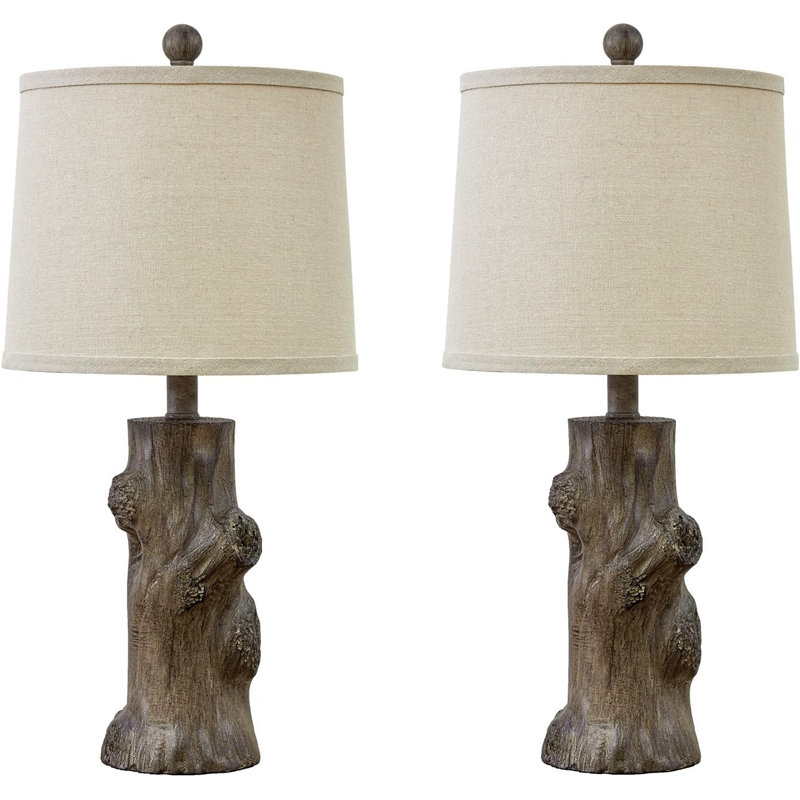 23'' Rustic Brown Resin Table Lamps with Oatmeal Fabric Shades, Set of 2