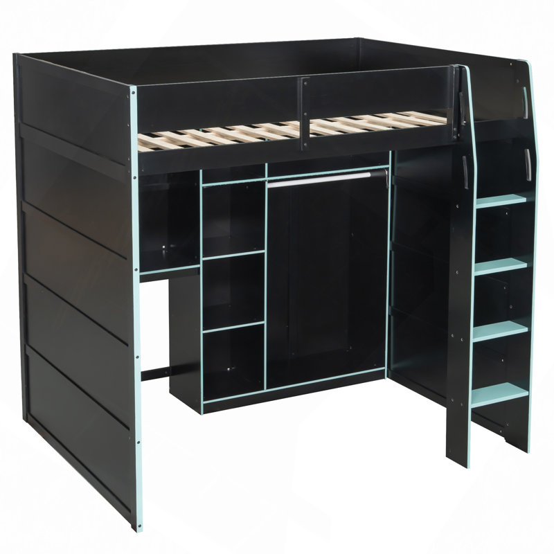 Lit mezzanine en bois avec bureau, garde-robe ouverte, compartiments de rangement et lumières RVB, Bleu