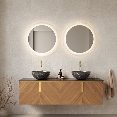 Meuble-lavabo de salle de bain, meuble de rangement flottant en contreplaqué pour salle de bain avec 4 portes, 2 cuves en céramique noires avec motif en pierre et comptoir en pierre frittée noire
