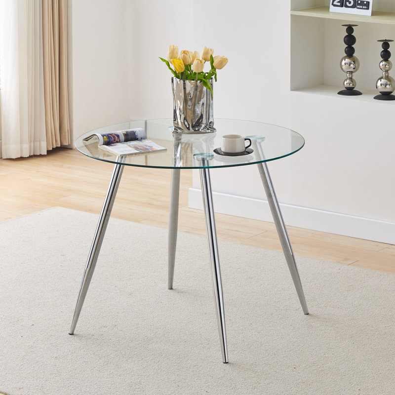 Bivian Round Glass Top Metal Base Dining Table, Chrome