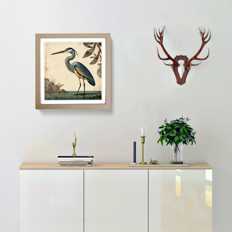Heron Mid-Century - Framed Print, Oak