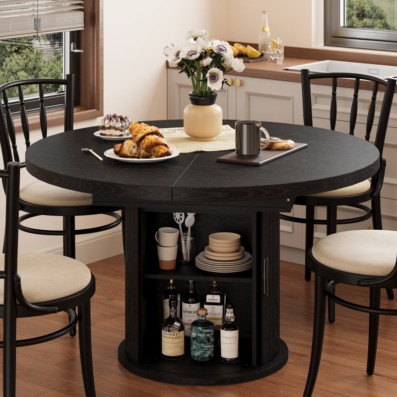 43.3"-59" Round Extendable Dining Table for 4-6, Oval Kitchen Dining Table with Storage, Pedestal Dining Table, Black