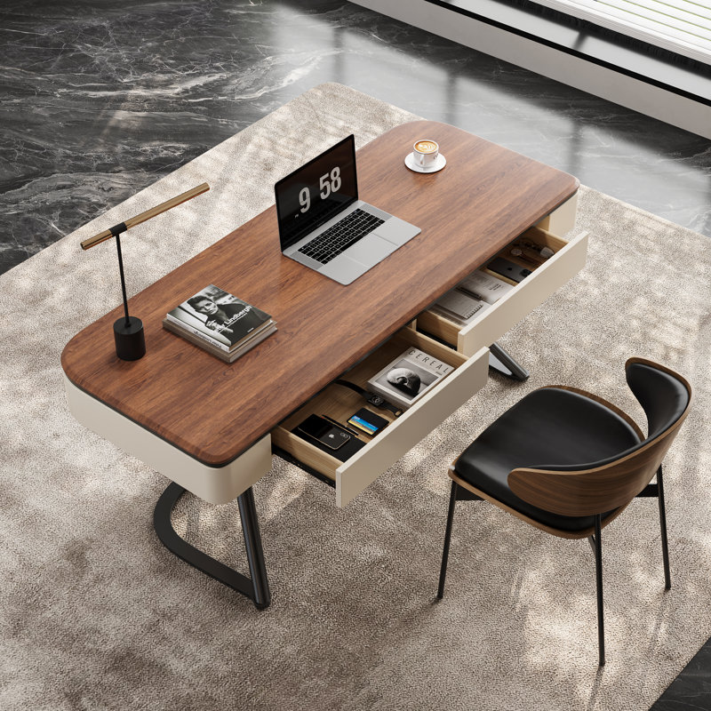 Bureau d'écriture moderne 63 po, bureau en bois brun, 2 tiroirs, pieds en acier inoxydable