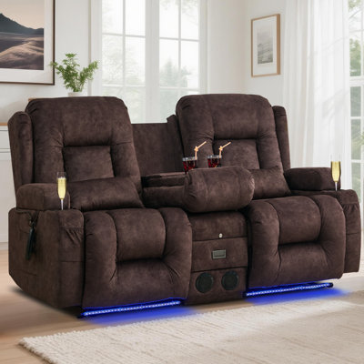 Power Reclining Sofa With Heat And Massage, Bluetooth Speakers And LED Lights, 3 Seater Dual Recliner Sofa With USB Ports And Cup Holders