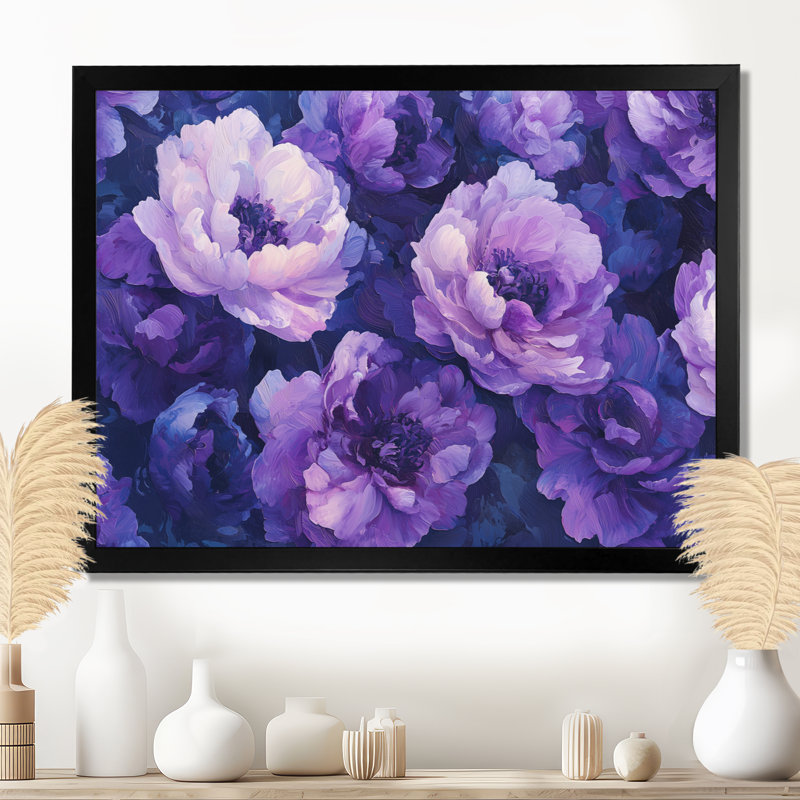 Pivoines mauves, danse de l'élégance II - pivoines, art mural, H 12 po x l 20 po, Cadre simple noir