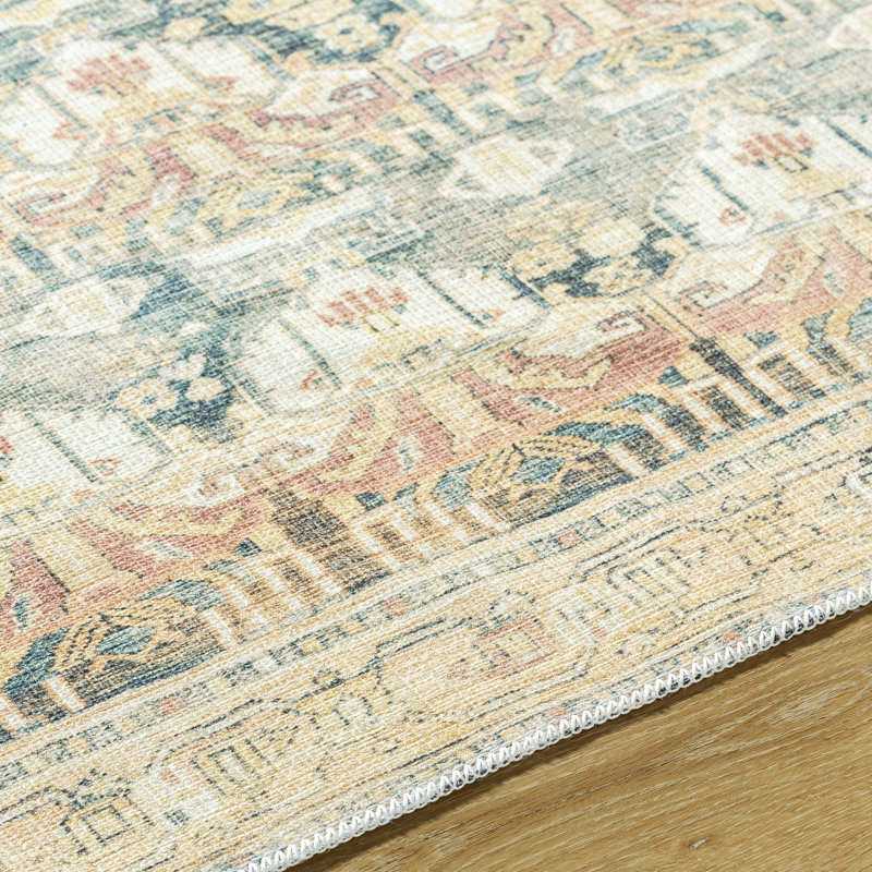 Alburgh Oriental Machine Woven Polyester Area Rug in White/Teal/Orange, Rectangle 6'7" x 9'
