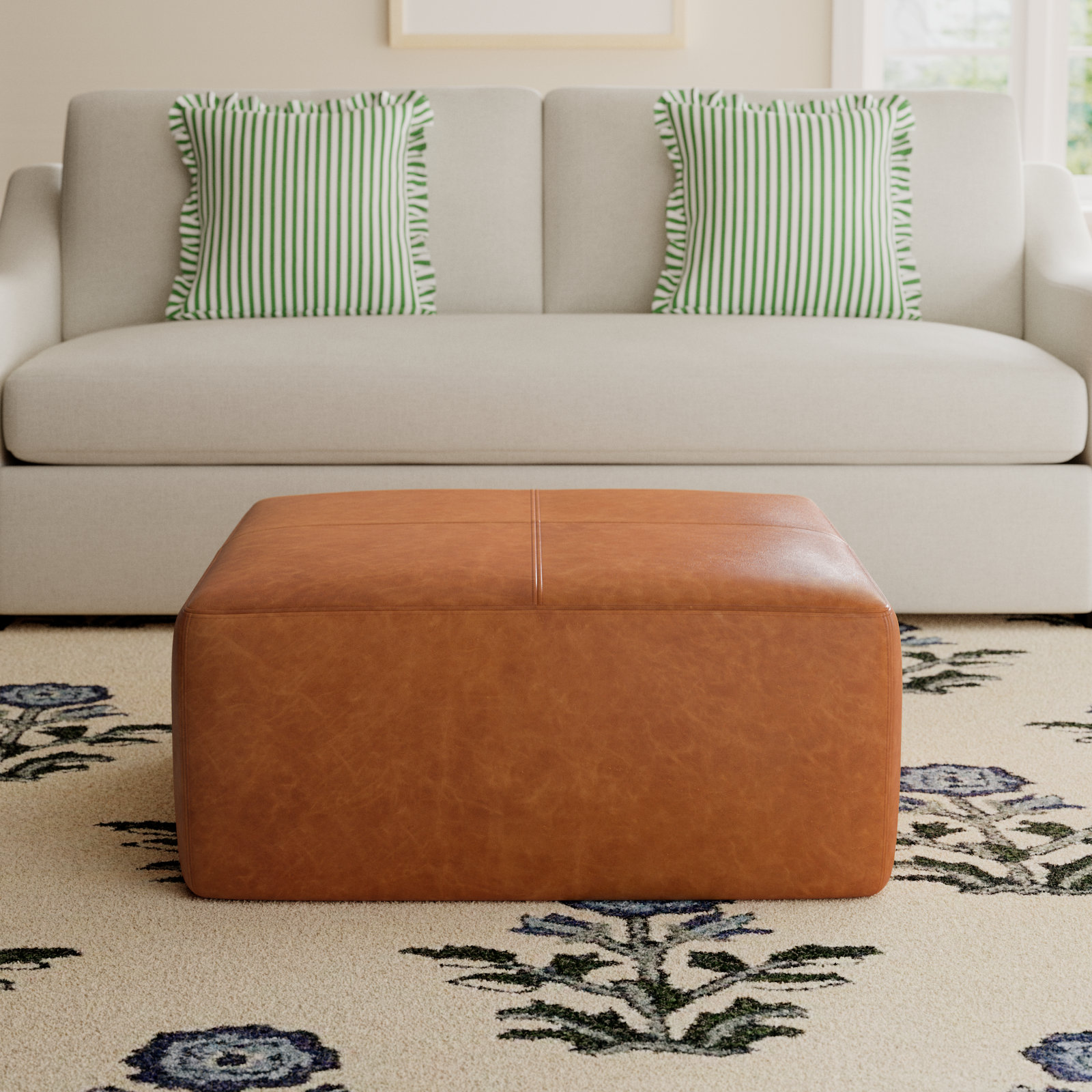 Heafield Square 35" Wide Full-Grain Genuine Italian Leather Ottoman, Cognac Tan Genuine Leather