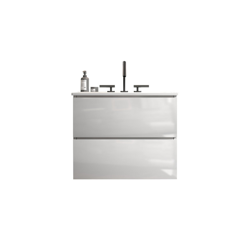 Meuble-lavabo mural 24 po avec lavabo en céramique avec trois trous de robinet, grand meuble-lavabo flottant de rangement, lavabo une pièce sans drain, pré-assemblé, meuble-lavabo