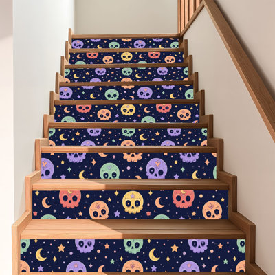 Papier peint adhésif à peler et coller, crâne de Kawaii coloré, étoiles, lunes, auto-adhésif foncé et amovible, 17,7 po x 118 po (45 x 300 cm)