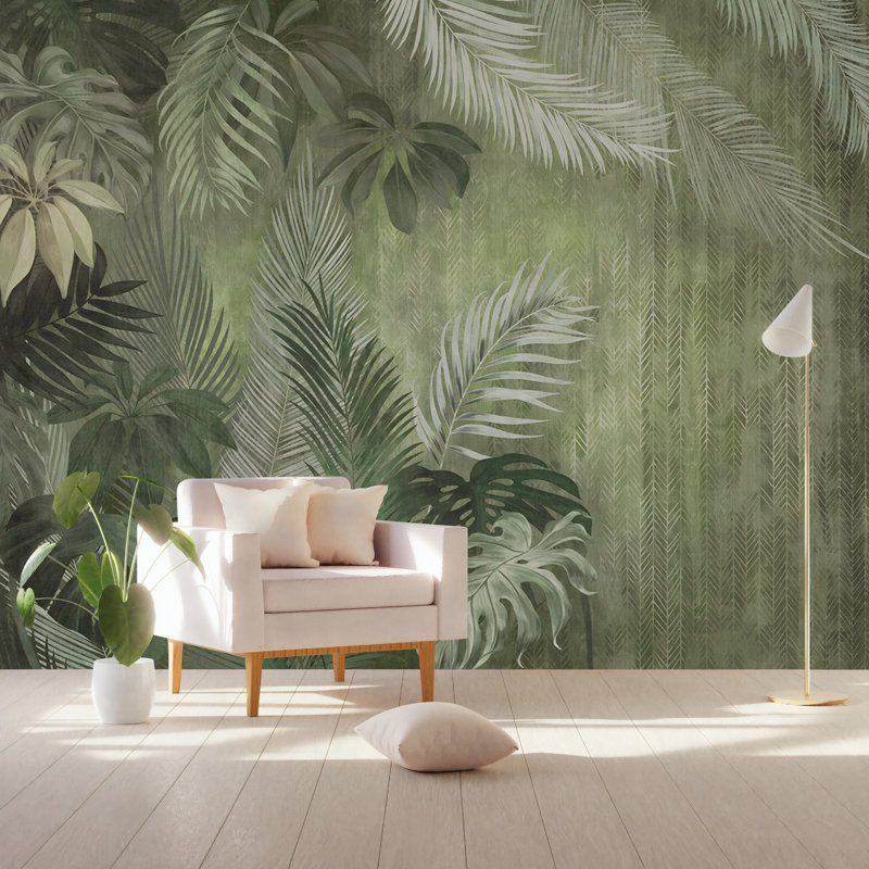 Murale feuilles exotiques monochromes, l 49 po x L 75 po