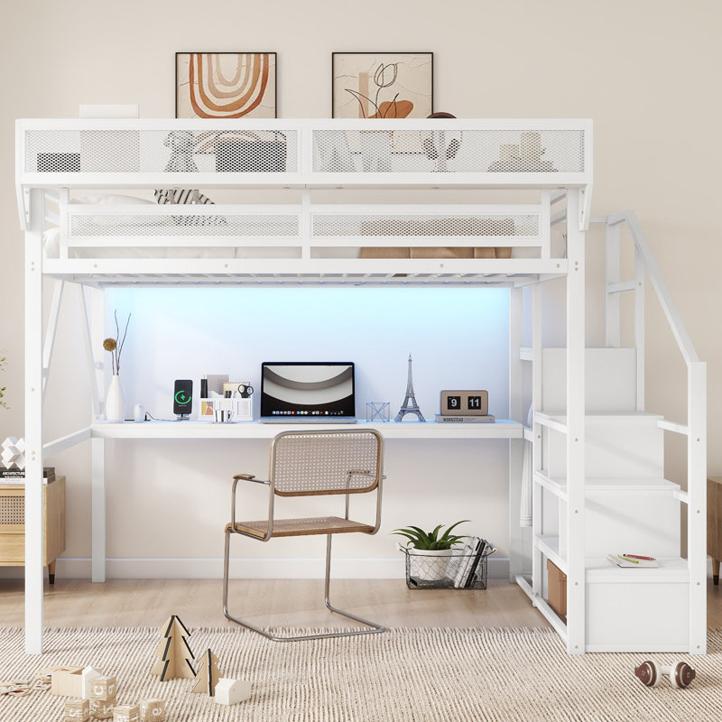 Queen Loft Bed with Desk, Charging Station, Stairs, and Light, Metal High Loft Bed for Kids and Teens, White