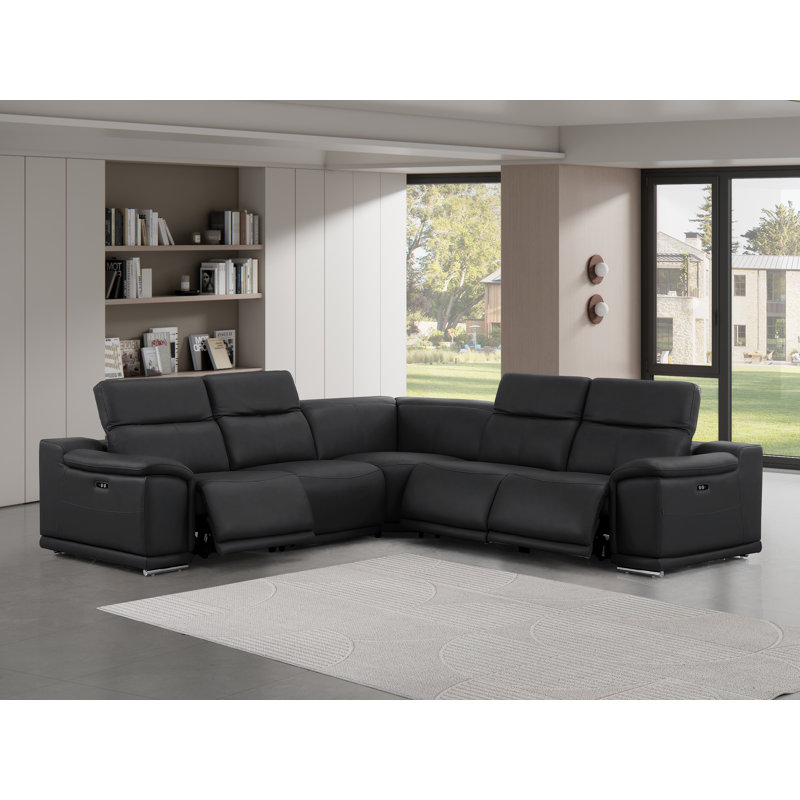 5-Piece L-Shaped Power Reclining Sectional In Genuine Leather – 3 Recliners, Black Top Grain Leather