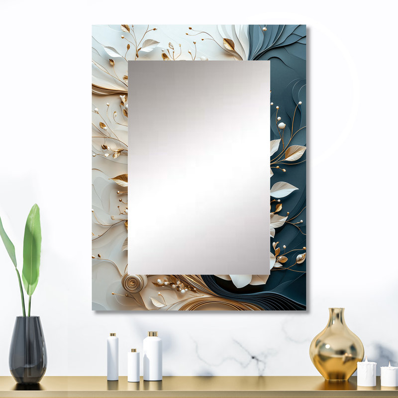 «White», encre liquide noire et pivoines II - miroir décoratif pivoines, miroir mural traditionnel, impression sur métal