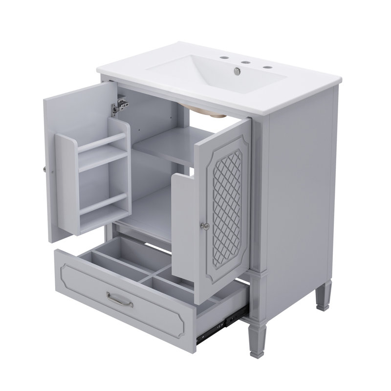 Meuble-lavabo 30 po avec lavabo style rétro, espace de rangement multifonctionnel, tablette de porte, porte à fermeture en douceur, gris