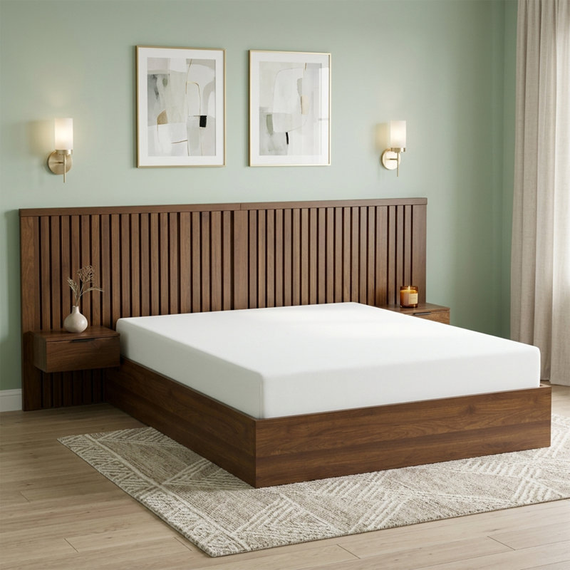 Lit plateforme moderne Queen en bois avec rangement relevable, tables de chevet intégrées et tête de lit à rainures verticales, noyer antique
