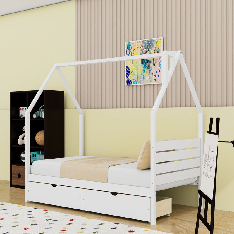 Lit en bois avec tiroirs de rangement, Lit simple, White