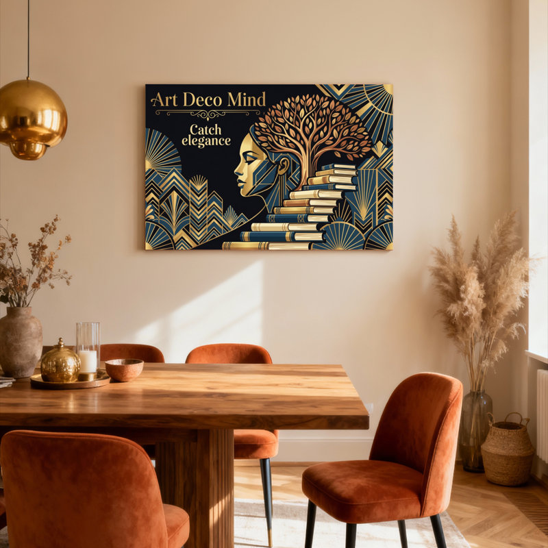 Ensemble de 1 tableau sur toile Art déco représentant un arbre et des livres, H 12 po x l 18 po