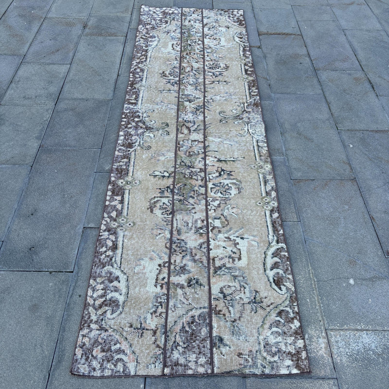 Vintage Turkish Patchwork Runner Rug with Floral Pattern in Soft Beige for Hallways