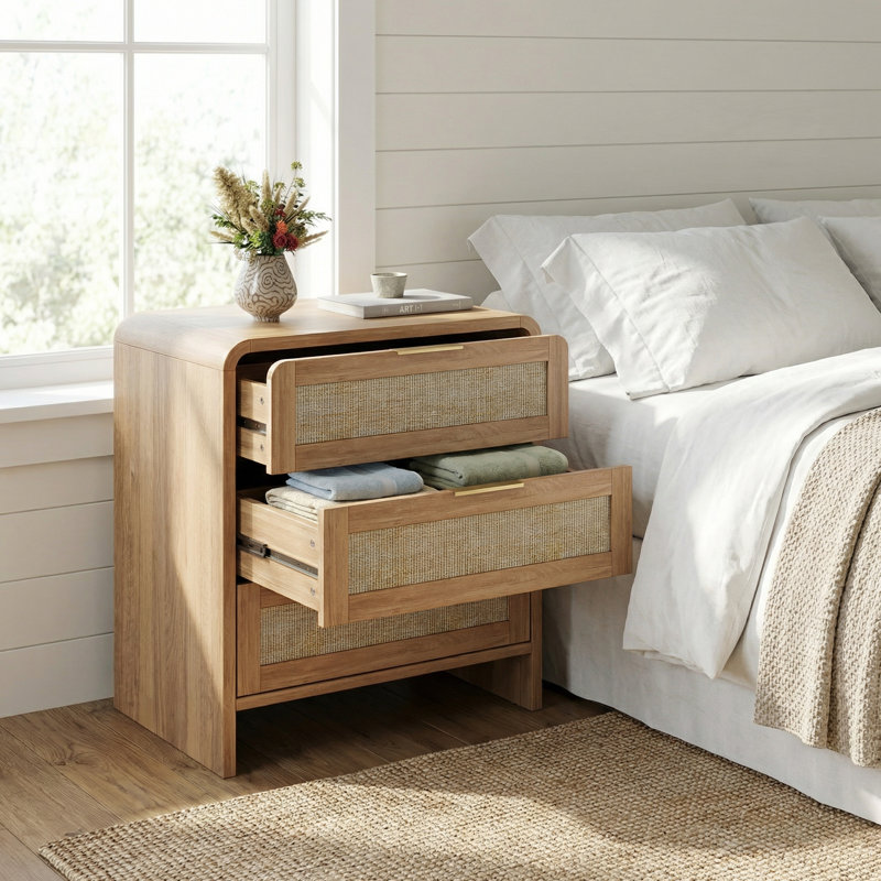 Rattan Nightstand with 3 Drawers & Silent Rails, Modern Bedside Table with Curved Design and Gold Handles for Bedroom, 1