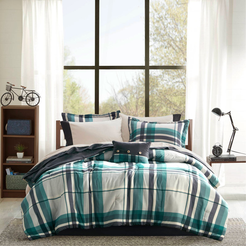 Ensemble d'édredon 9 pièces à motif écossais avec draps bleu sarcelle / noir, Édredon double et 5 pièces supplémentaires