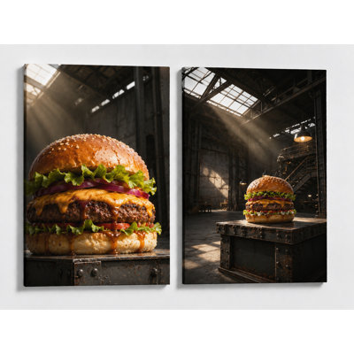 Extra-Large Set of 2 Gourmet Cheeseburger Wall Art, Juicy Burger Restaurant Food Canvas, Modern Kitchen Dining Room Man Cave Decor, 24x36 Inch Canvas Print - Ready to hang