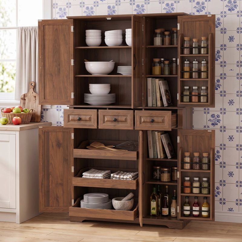 Armoire de cuisine de 183 cm de haut, meuble autoportant, style campagnard avec texture en relief, 3 plateaux coulissants et 6 étagères de porte pour la cuisine et la salle à manger.