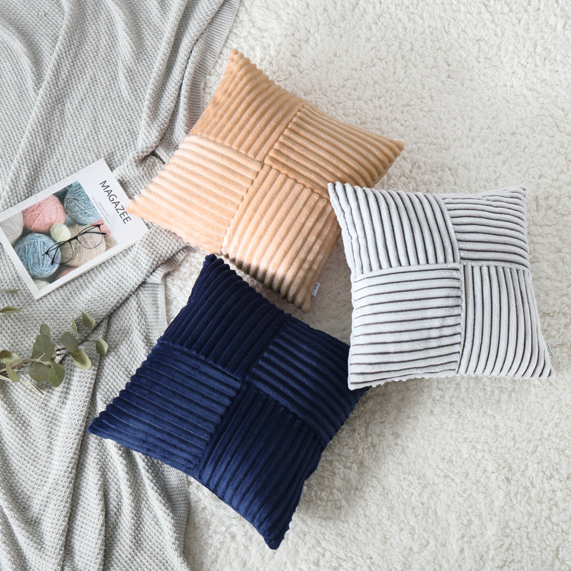 Square Striped Corduroy Soft Flannel Patchwork Pillow Cover, Beige, 24"H x 24"W