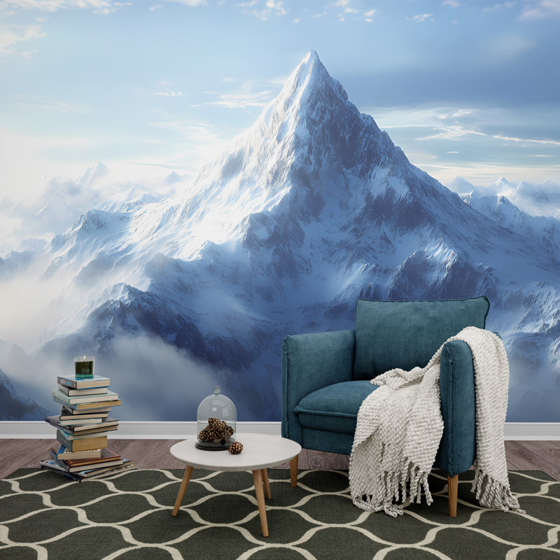 Snowy Mountain Peak Wallpaper – Majestic Winter Landscape Wall Mural With Blue Sky, Peler et coller, L 120 po x l 80 po