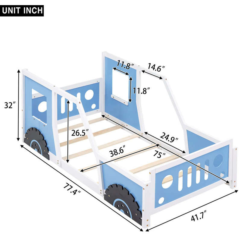 Lit plateforme simple en forme de voiture, Lit simple, Bleu / blanc