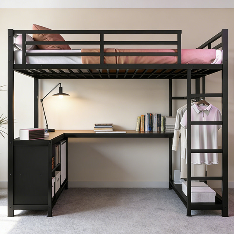 Lit mezzanine double noir avec bureau intégré et tablettes latérales, Lit superposé double sur double, Noir