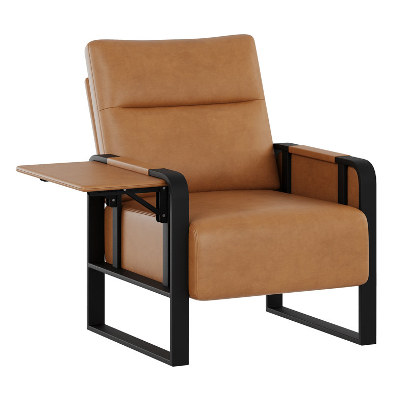 Whole Metal Frame Upholstered Accent Chair With Side Tray Table, Brown Faux Leather