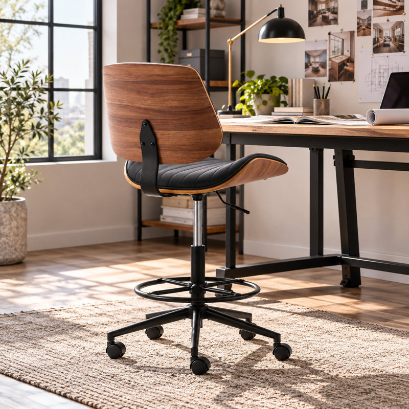 Chaise de bureau ergonomique réglable avec anneau repose-pieds, chaise de bureau pivotante à 360 ° sans accoudoirs et bois courbé